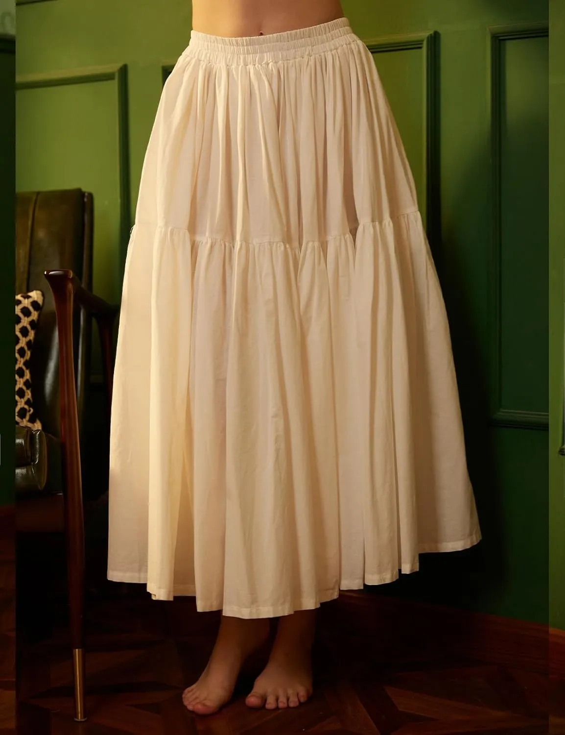 100% Cotton Women Skirt High Elastic Waist A-Line Vintage Puffy Pleated Skirt with 2 Pockets