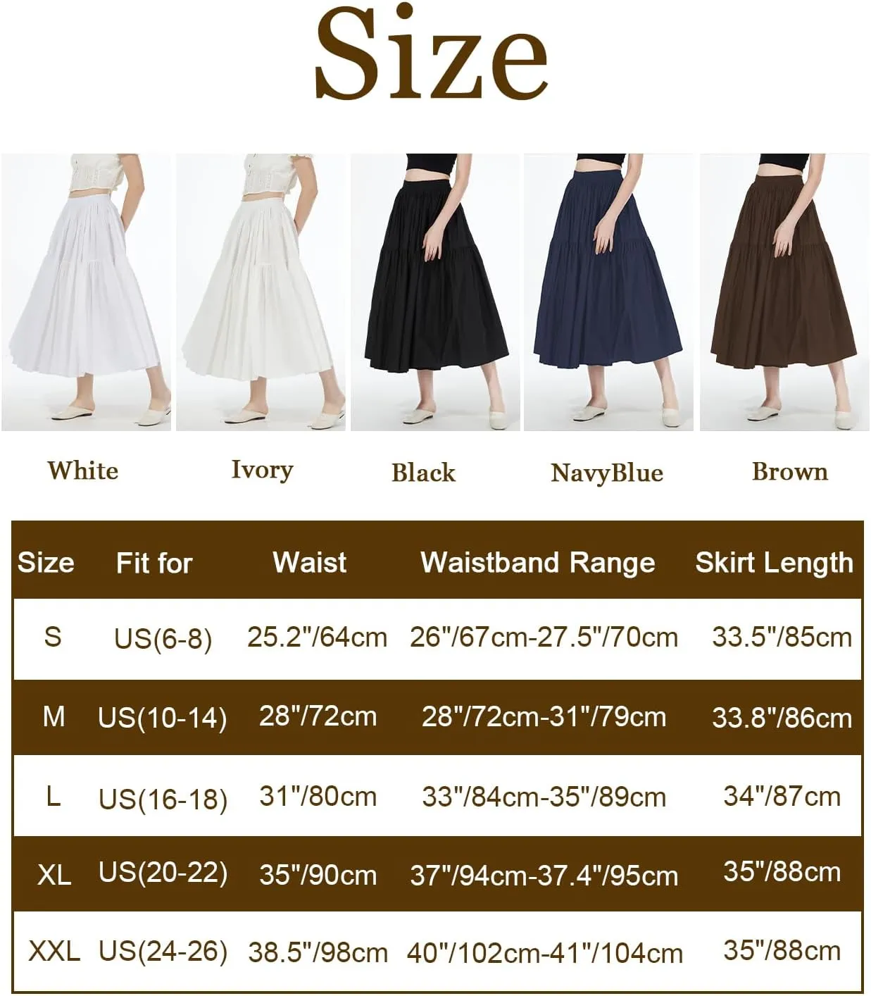 100% Cotton Women Skirt High Elastic Waist A-Line Vintage Puffy Pleated Skirt with 2 Pockets