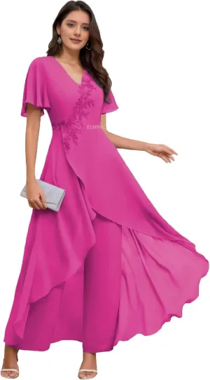 2 Pieces Mother of The Bride Pant Suits for Wedding Lace Chiffon Hot Pink Dressy Pantsuits for Older Women V Neck 4