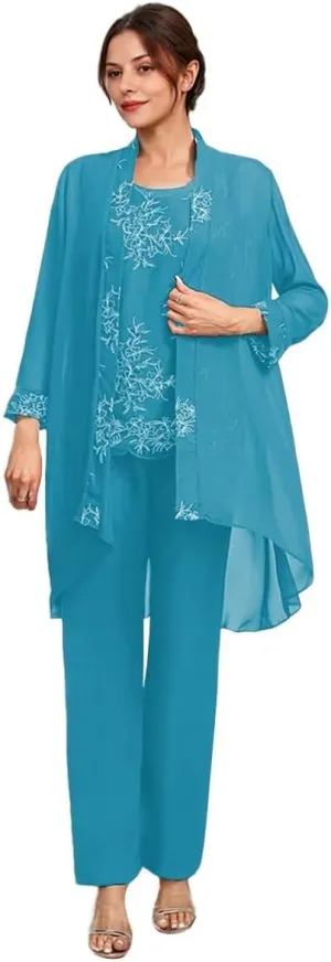 3 Pcs Mother of The Bride Dresses Pantsuit for Wedding 3/4 Sleeves Chiffon Formal Pants Outfit with Jacket