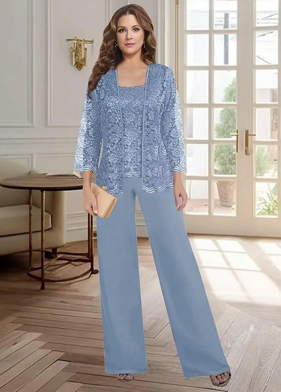 3 Pieces Mother of The Bride Pant Suits for Wedding Long Lace Sleeve Chiffon Formal Outfits with Jacket KW012