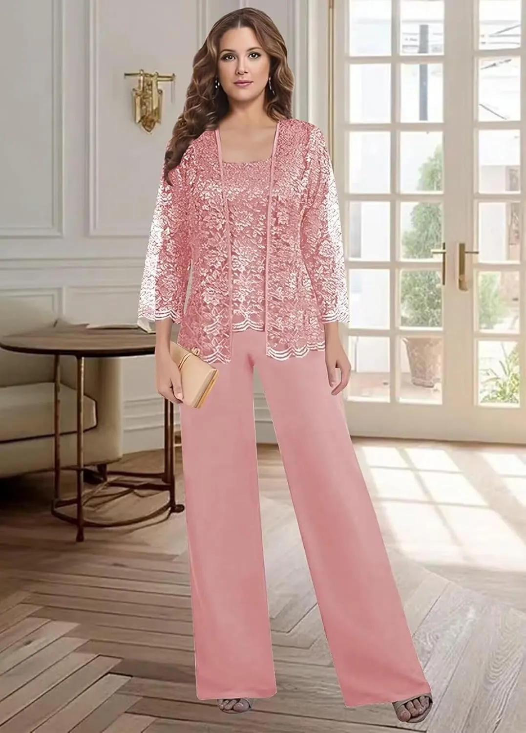 3 Pieces Mother of The Bride Pant Suits for Wedding Long Lace Sleeve Chiffon Formal Outfits with Jacket KW012