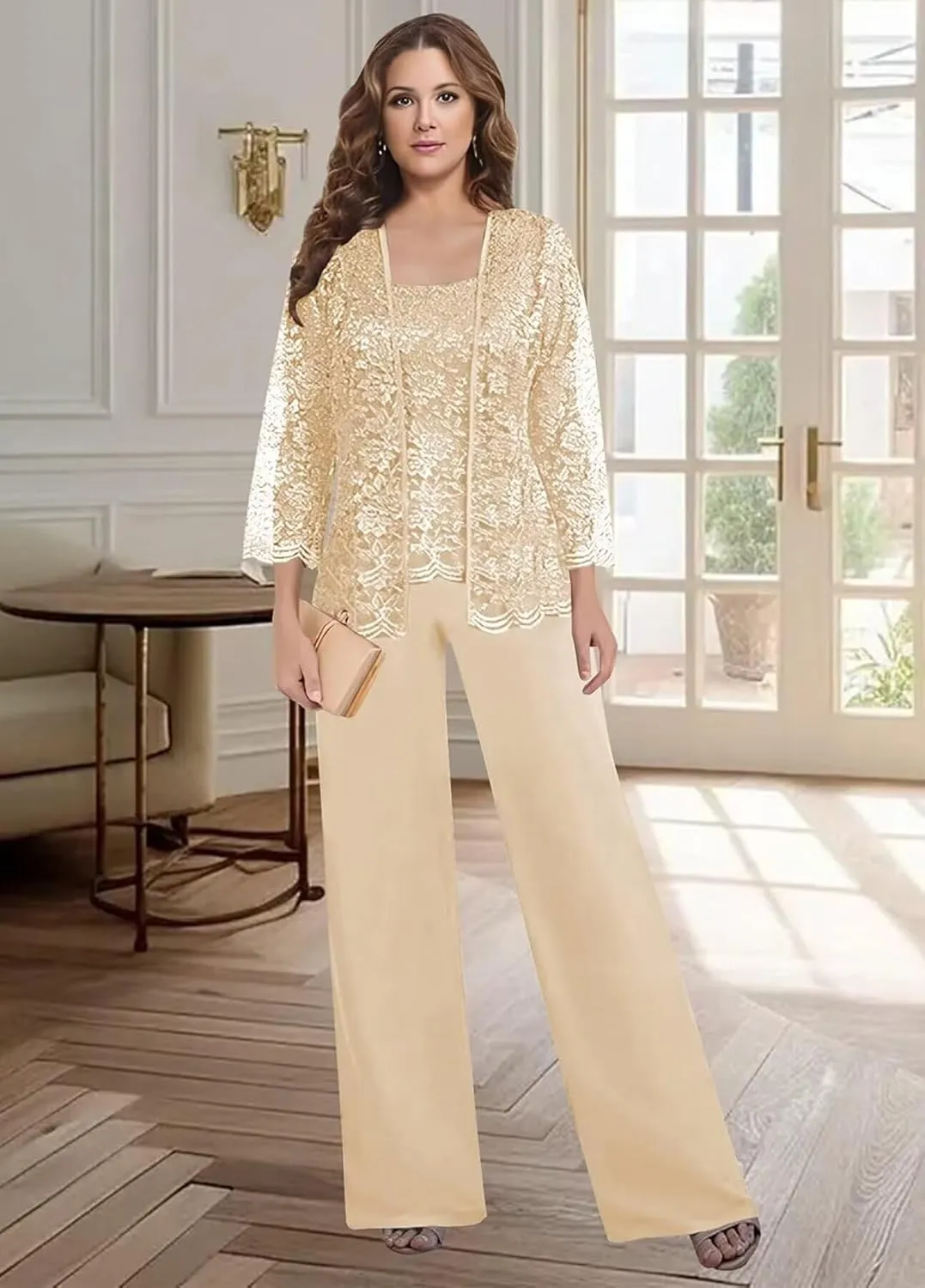 3 Pieces Mother of The Bride Pant Suits for Wedding Long Lace Sleeve Chiffon Formal Outfits with Jacket KW012