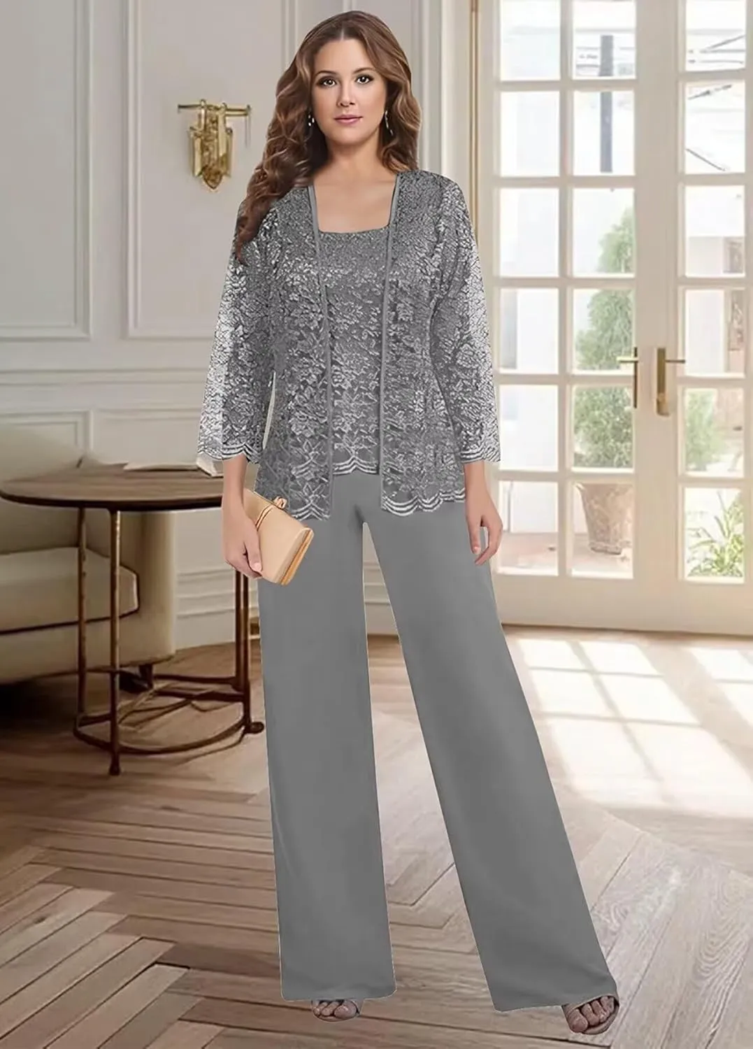 3 Pieces Mother of The Bride Pant Suits for Wedding Long Lace Sleeve Chiffon Formal Outfits with Jacket KW012