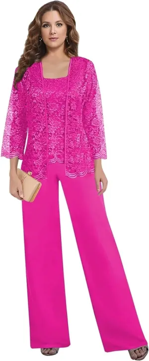 3 Pieces Mother of The Bride Pant Suits for Wedding Long Lace Sleeve Chiffon Formal Outfits with Jacket KW012