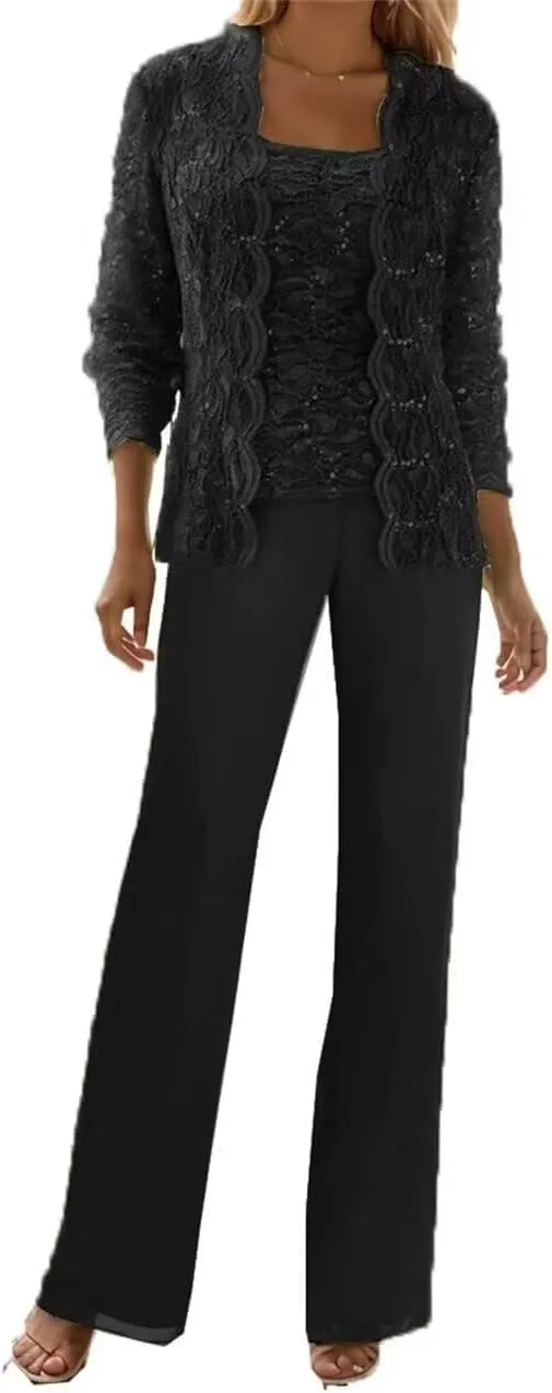 3 Pieces Mother of The Bride Pant Suits Formal Outfit Lace Chiffon Grandmother Wedding Guest Dresses