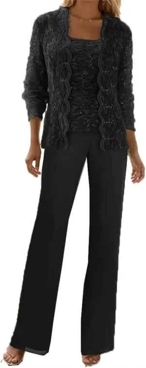 3 Pieces Mother of The Bride Pant Suits Formal Outfit Lace Chiffon Grandmother Wedding Guest Dresses