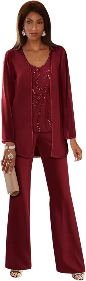 3 Pieces Mother of The Bride Pant Suits Sequin Chiffon Pant Suits for Wedding Formal Women