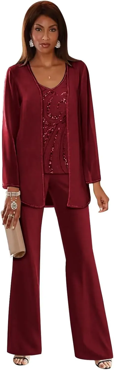 3 Pieces Mother of The Bride Pant Suits Sequin Chiffon Pant Suits for Wedding Formal Women