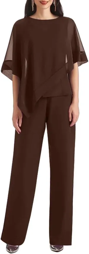 3 Pieces Pantsuits for Women with Cape Sleeve Jacket Chiffon Mother of The Bride Pant Suits Formal Evening Dresses