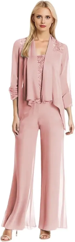 3Pcs Mother of The Bride Dresses Pantsuit for Wedding Long Sleeve Chiffon Formal Outfit with Sequins