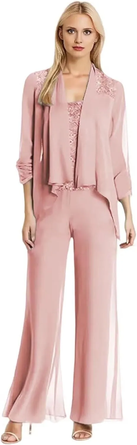 3Pcs Mother of The Bride Dresses Pantsuit for Wedding Long Sleeve Chiffon Formal Outfit with Sequins