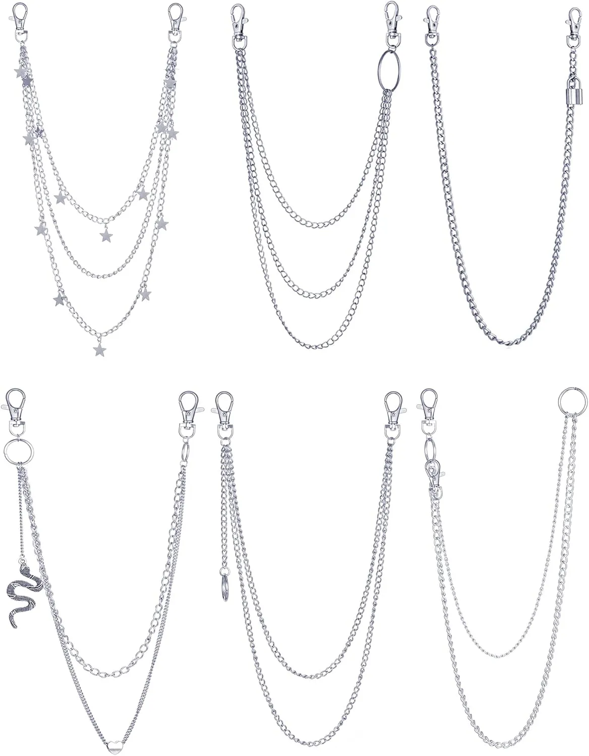 6 Pieces Pants Chains Multi-Layer Butterfly Lock Round Star Snak Heart Jeans Chains Accessory Hip Hop Pocket Punk Goth Wallet Chain Charm Rock Belt Loop Trousers Chain for Women Men Silver