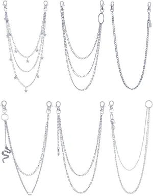 6 Pieces Pants Chains Multi-Layer Butterfly Lock Round Star Snak Heart Jeans Chains Accessory Hip Hop Pocket Punk Goth Wallet Chain Charm Rock Belt Loop Trousers Chain for Women Men Silver