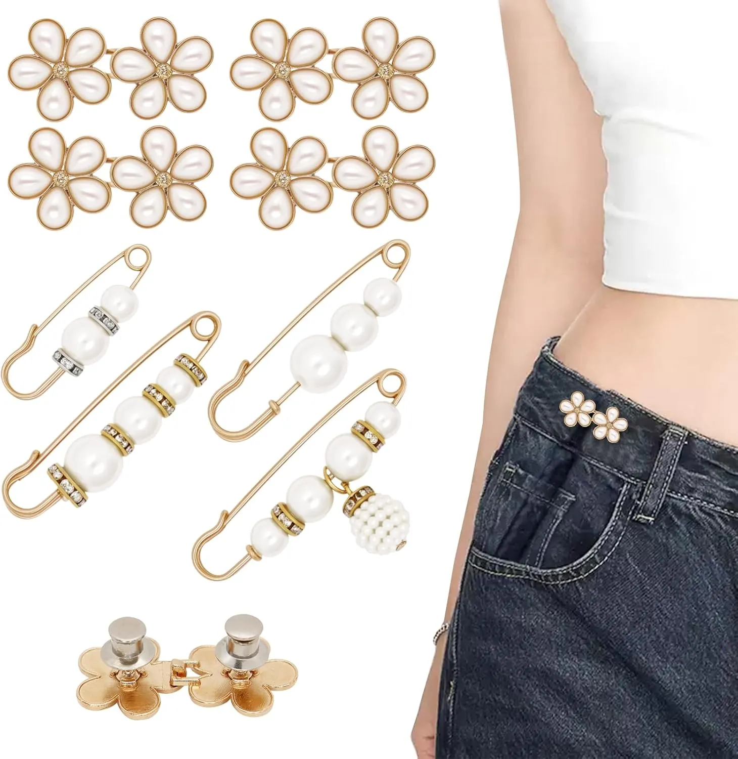 8 Set Pant Waist Tightener Pearl Buttons Pins for Loose Jeans Waist Cincher Clip Reusable Pearl Brooch for Clothing Dresses Skirts No Sewing and Tool Decoration Accessories