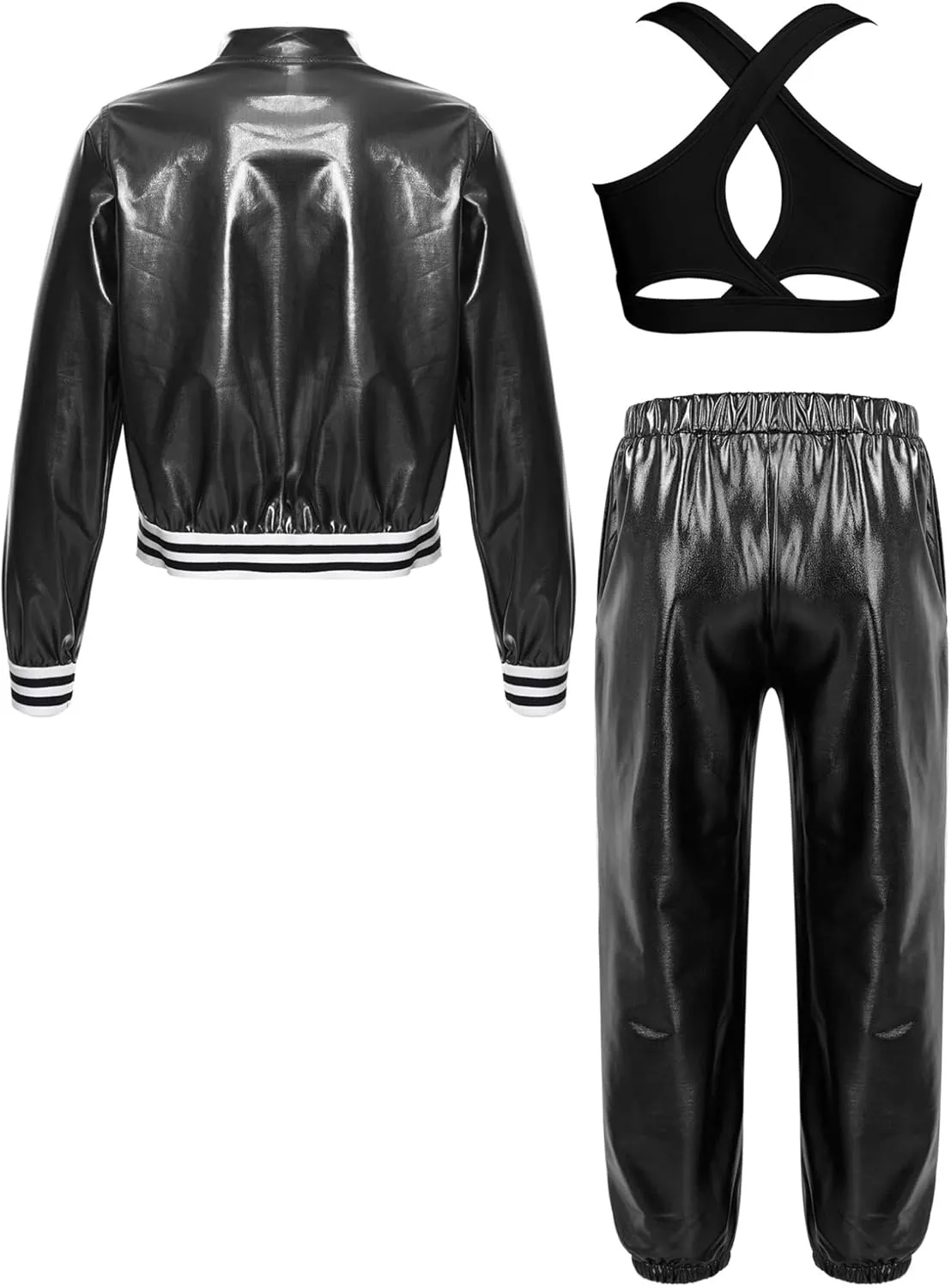 ACSUSS Kids Girls Metallic Flight Jacket and Crop Top Harem Pants Hip Hop Dance Outfit Shiny 3 Piece Tracksuit