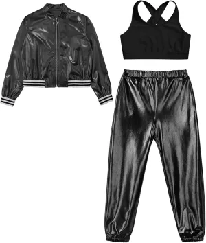 ACSUSS Kids Girls Metallic Flight Jacket and Crop Top Harem Pants Hip Hop Dance Outfit Shiny 3 Piece Tracksuit