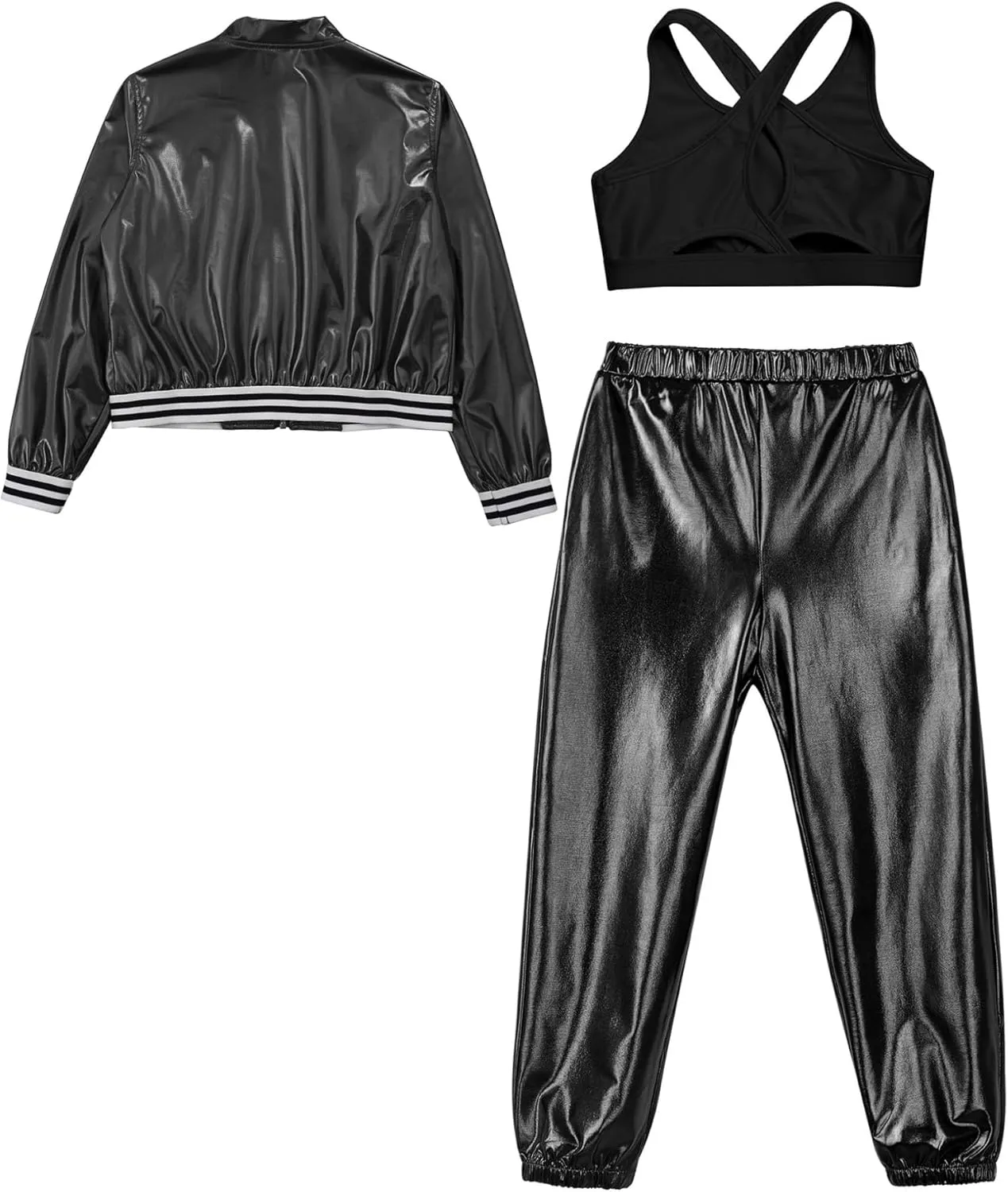 ACSUSS Kids Girls Metallic Flight Jacket and Crop Top Harem Pants Hip Hop Dance Outfit Shiny 3 Piece Tracksuit