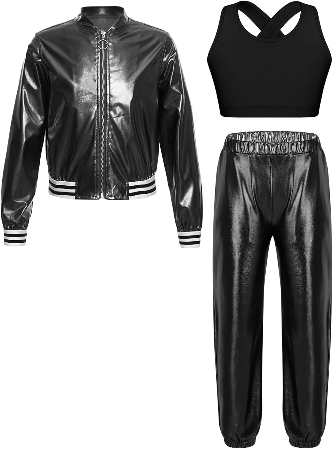 ACSUSS Kids Girls Metallic Flight Jacket and Crop Top Harem Pants Hip Hop Dance Outfit Shiny 3 Piece Tracksuit