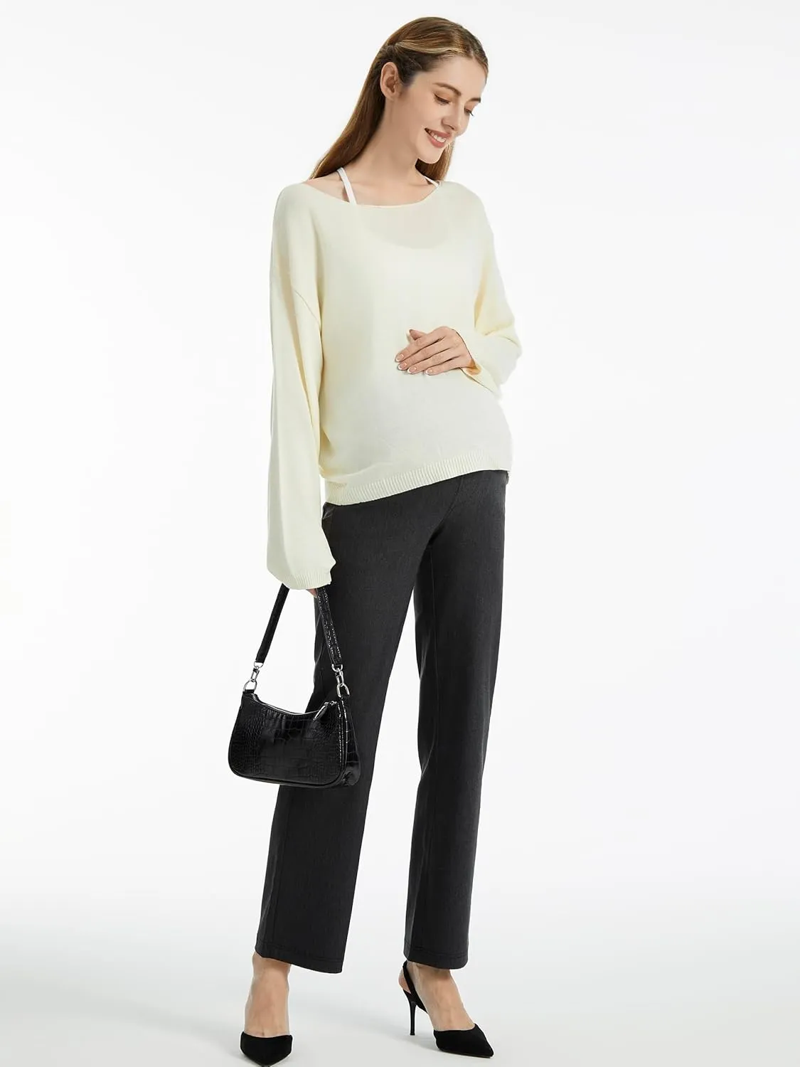 AFITNE Women's Stretch Maternity Jeans Over The Belly Straight Leg Pregnancy Pants with Denim Like Material