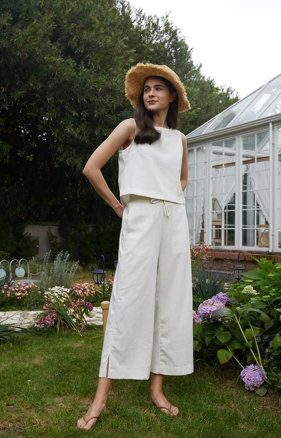 AFITNE Women's Summer 2 Piece Outfits Linen Sleeveless Tank Crop Top Wide Leg Pants Lounge Matching Sets