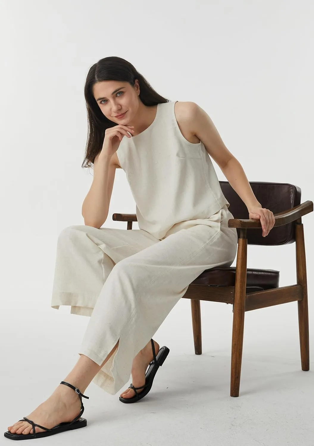 AFITNE Women's Summer 2 Piece Outfits Linen Sleeveless Tank Crop Top Wide Leg Pants Lounge Matching Sets
