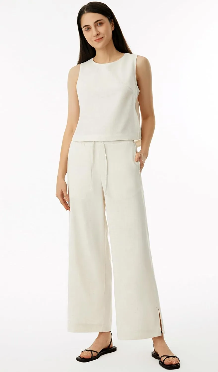 AFITNE Women's Summer 2 Piece Outfits Linen Sleeveless Tank Crop Top Wide Leg Pants Lounge Matching Sets