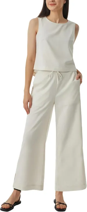 AFITNE Women's Summer 2 Piece Outfits Linen Sleeveless Tank Crop Top Wide Leg Pants Lounge Matching Sets