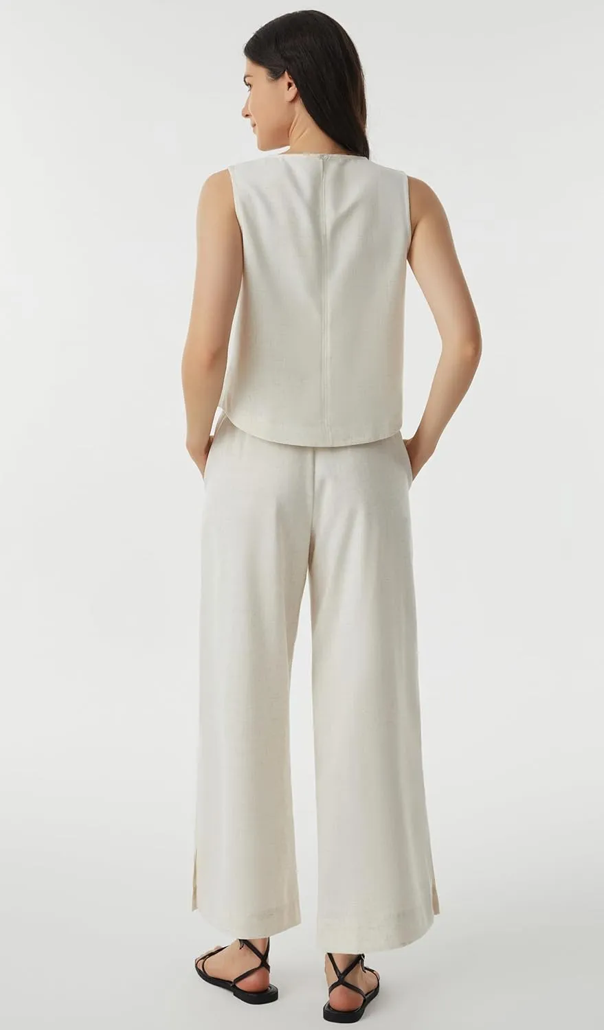 AFITNE Women's Summer 2 Piece Outfits Linen Sleeveless Tank Crop Top Wide Leg Pants Lounge Matching Sets
