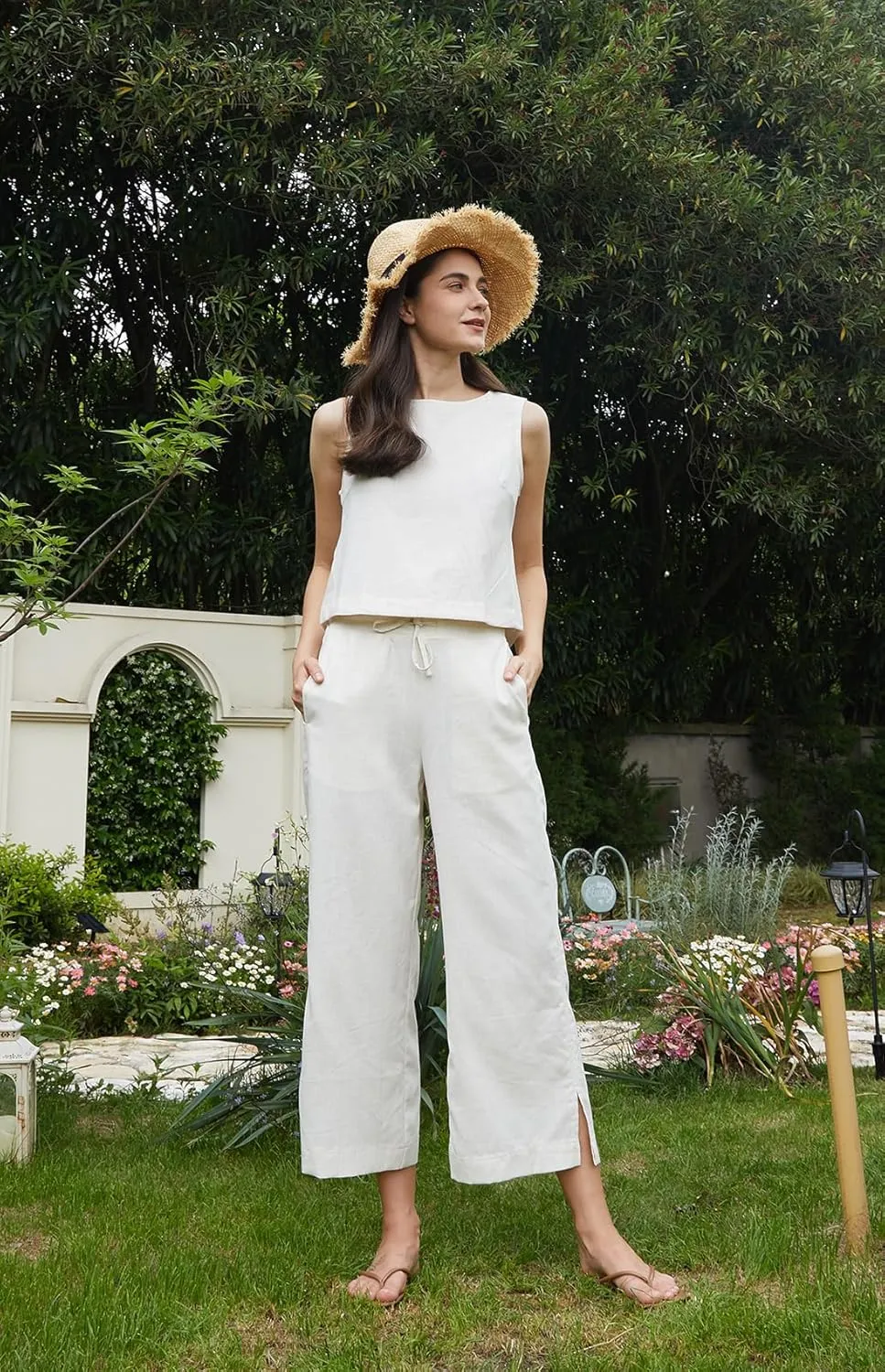 AFITNE Women's Summer 2 Piece Outfits Linen Sleeveless Tank Crop Top Wide Leg Pants Lounge Matching Sets
