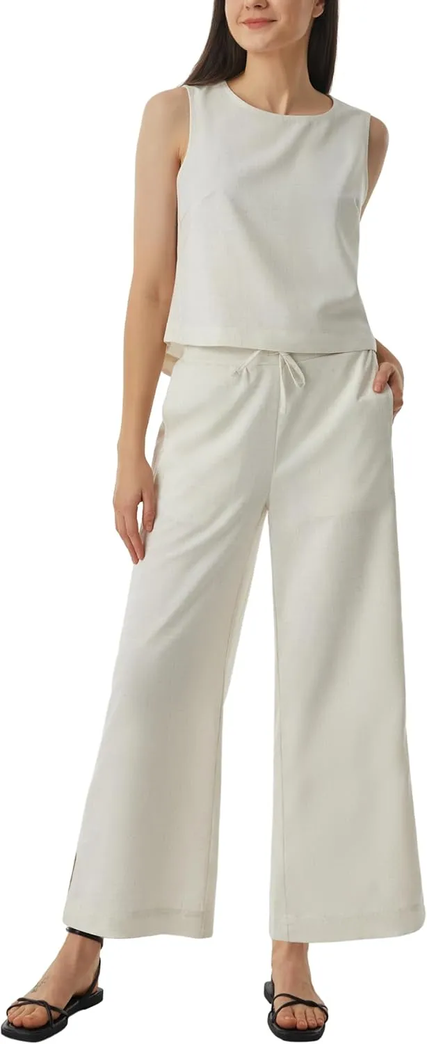 AFITNE Women's Summer 2 Piece Outfits Linen Sleeveless Tank Crop Top Wide Leg Pants Lounge Matching Sets