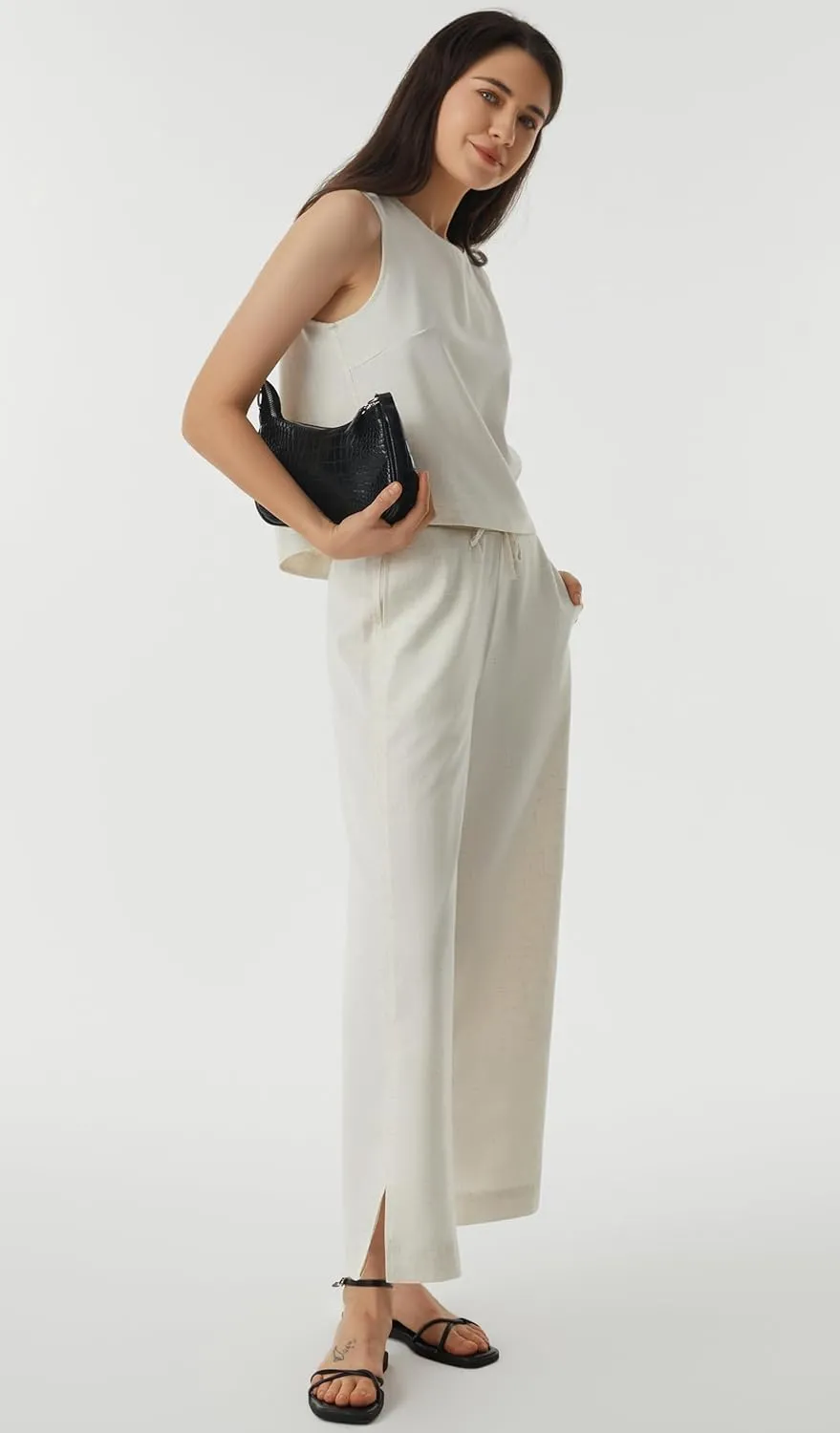 AFITNE Women's Summer 2 Piece Outfits Linen Sleeveless Tank Crop Top Wide Leg Pants Lounge Matching Sets