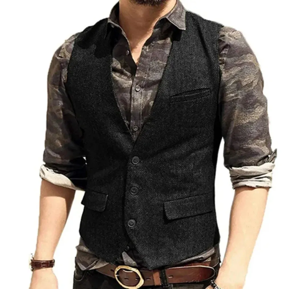 Aidase Black Flip Pocket Men Suit Vest V Neck Jacket Herringbone Tweed Business Waistcoat Wedding Groomman Clothing Victorian Steampunk