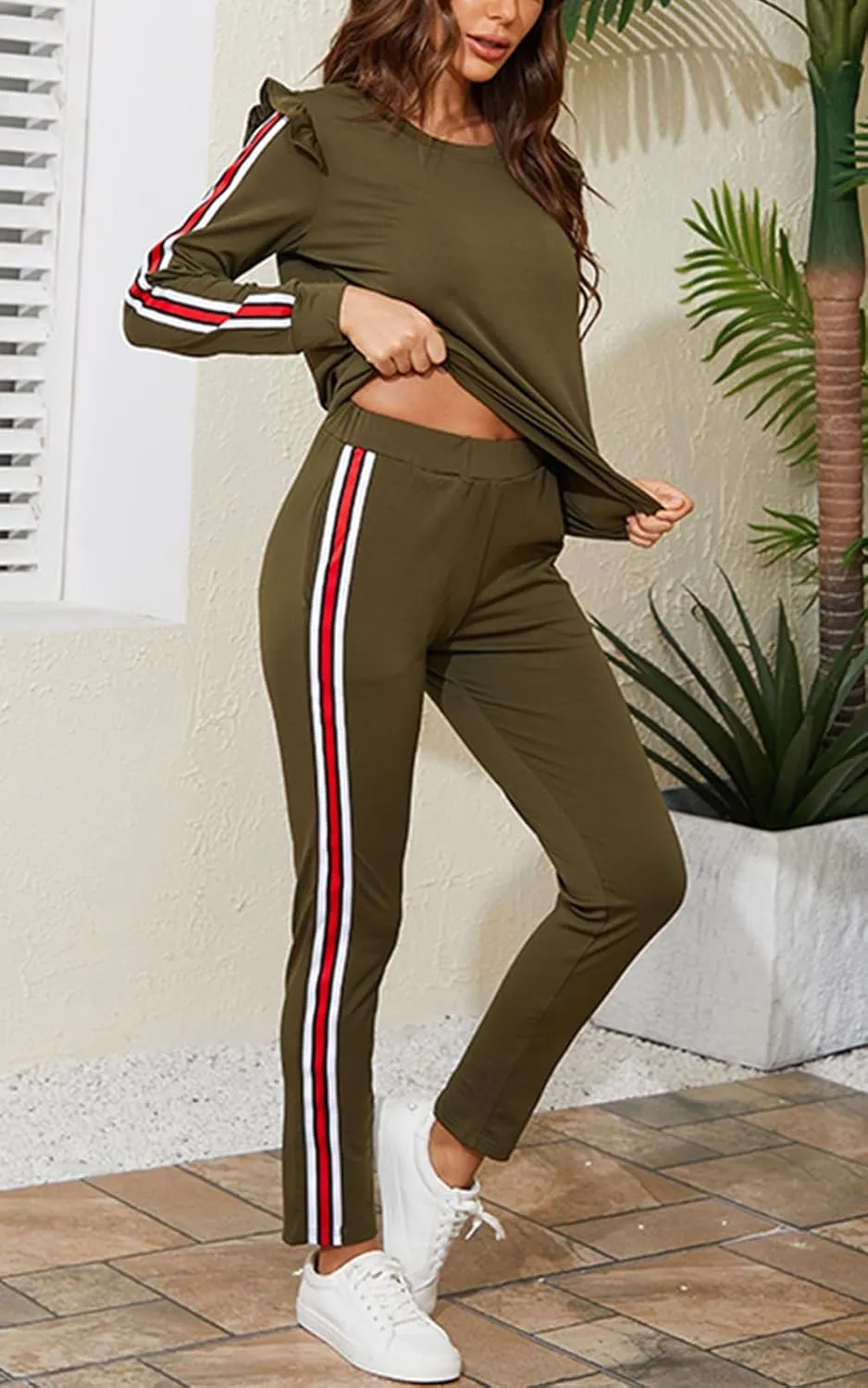 Akmipoem Women's 2 Piece Outfits Ruffle Sleeve Sweatshirt and Pants Sweatsuits Set Tracksuits
