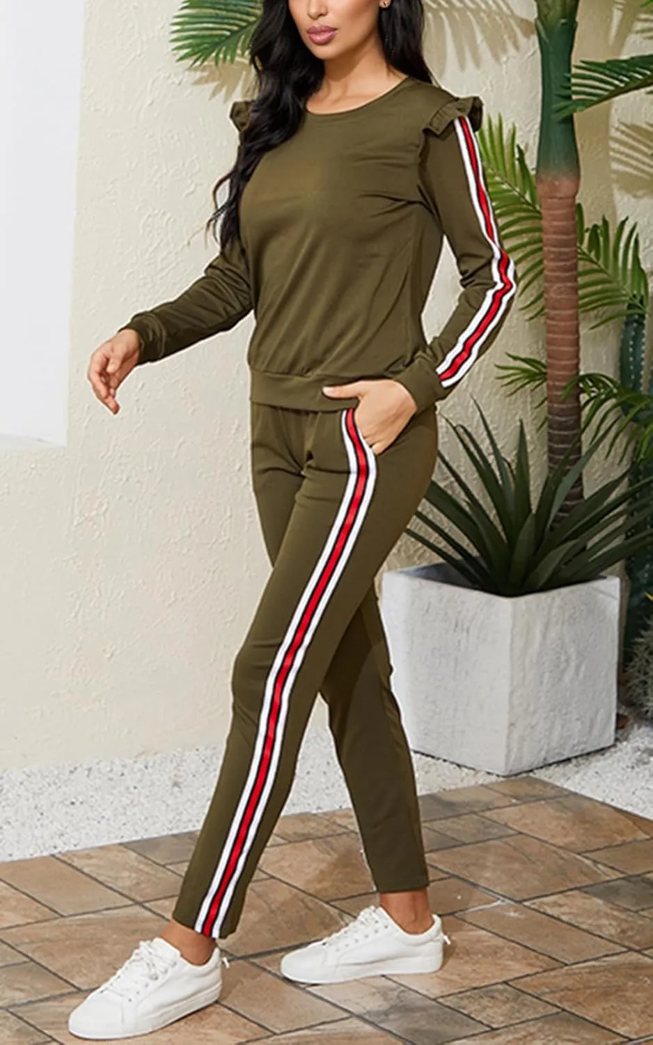Akmipoem Women's 2 Piece Outfits Ruffle Sleeve Sweatshirt and Pants Sweatsuits Set Tracksuits