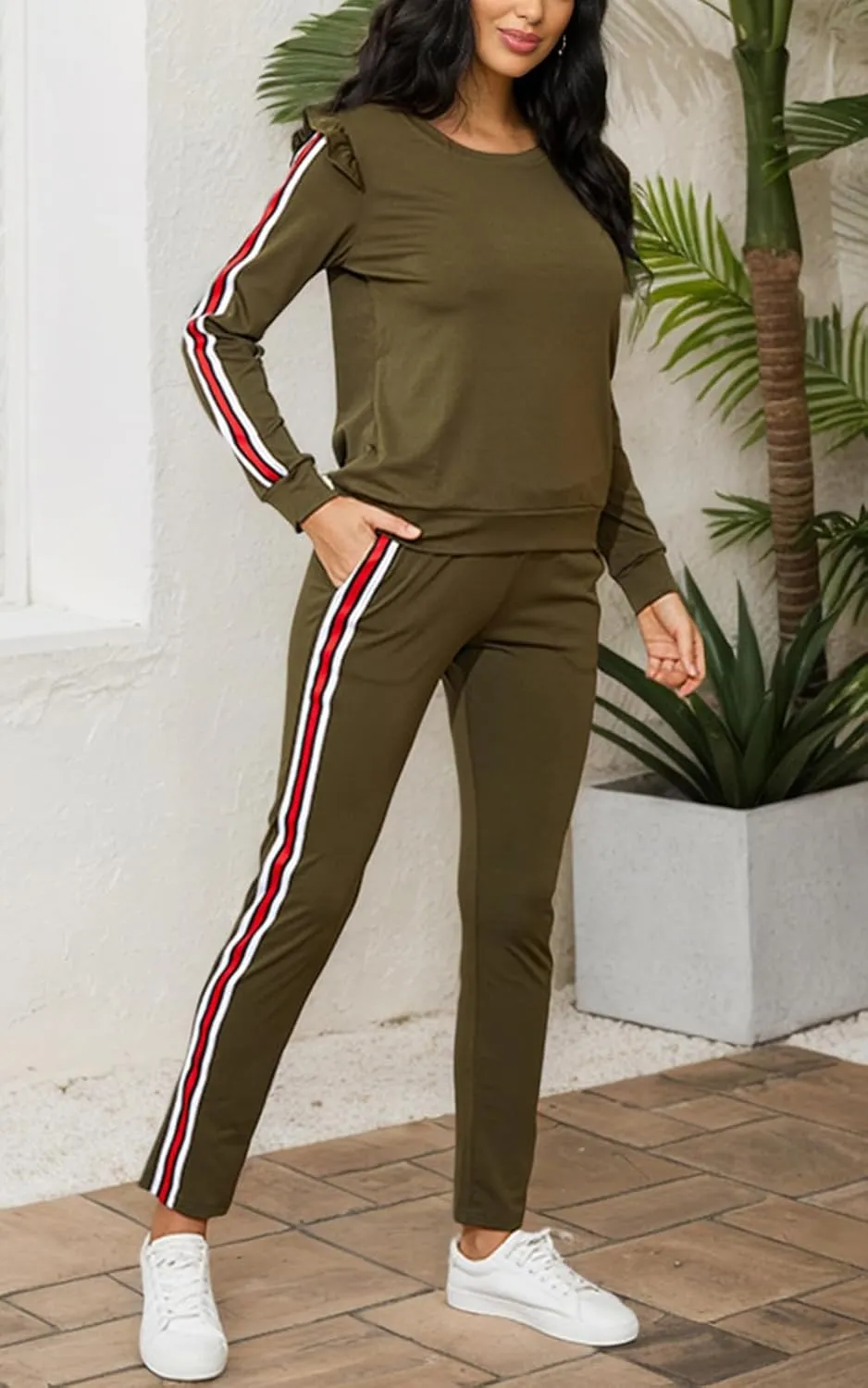 Akmipoem Women's 2 Piece Outfits Ruffle Sleeve Sweatshirt and Pants Sweatsuits Set Tracksuits