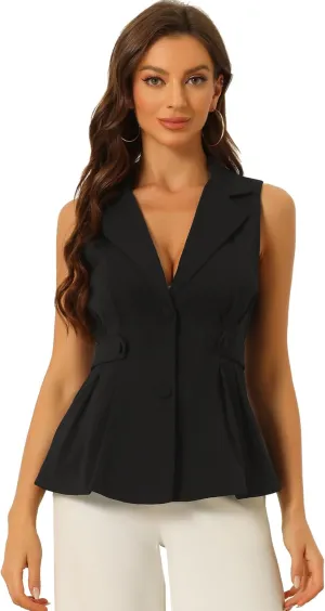 Allegra K Waistcoat Vest for Women's Notched Lapel Collar Office Dressy Blazer Pleated Sleeveless Jacket