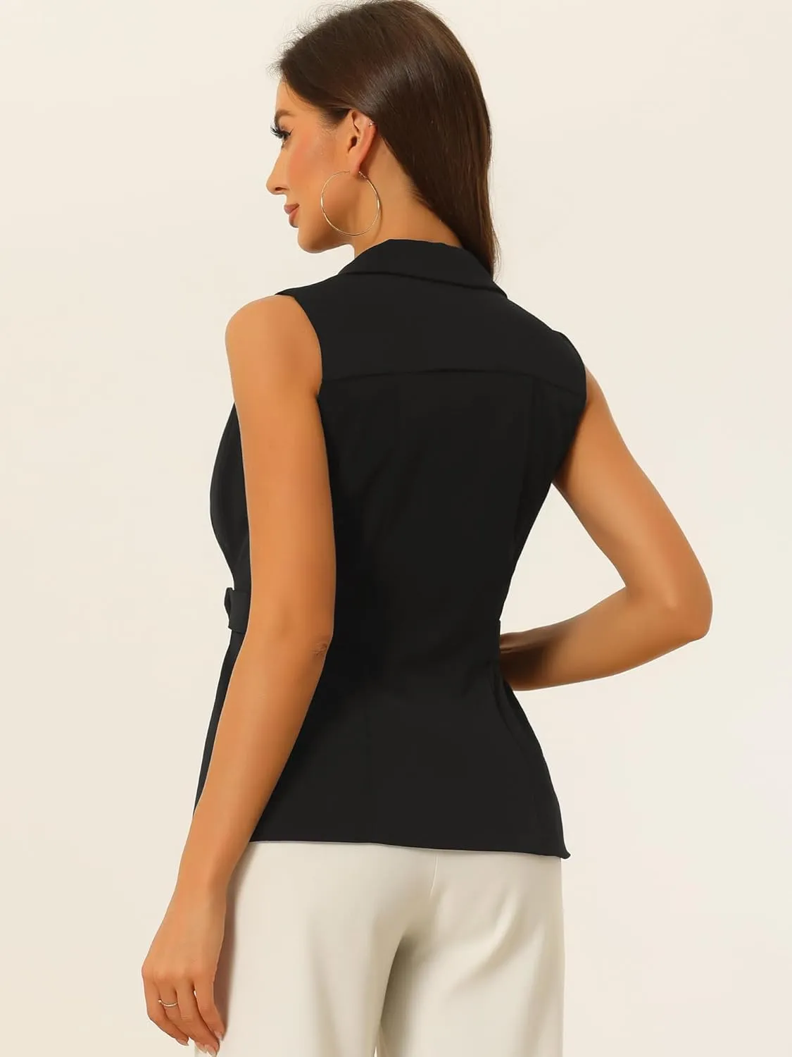 Allegra K Waistcoat Vest for Women's Notched Lapel Collar Office Dressy Blazer Pleated Sleeveless Jacket