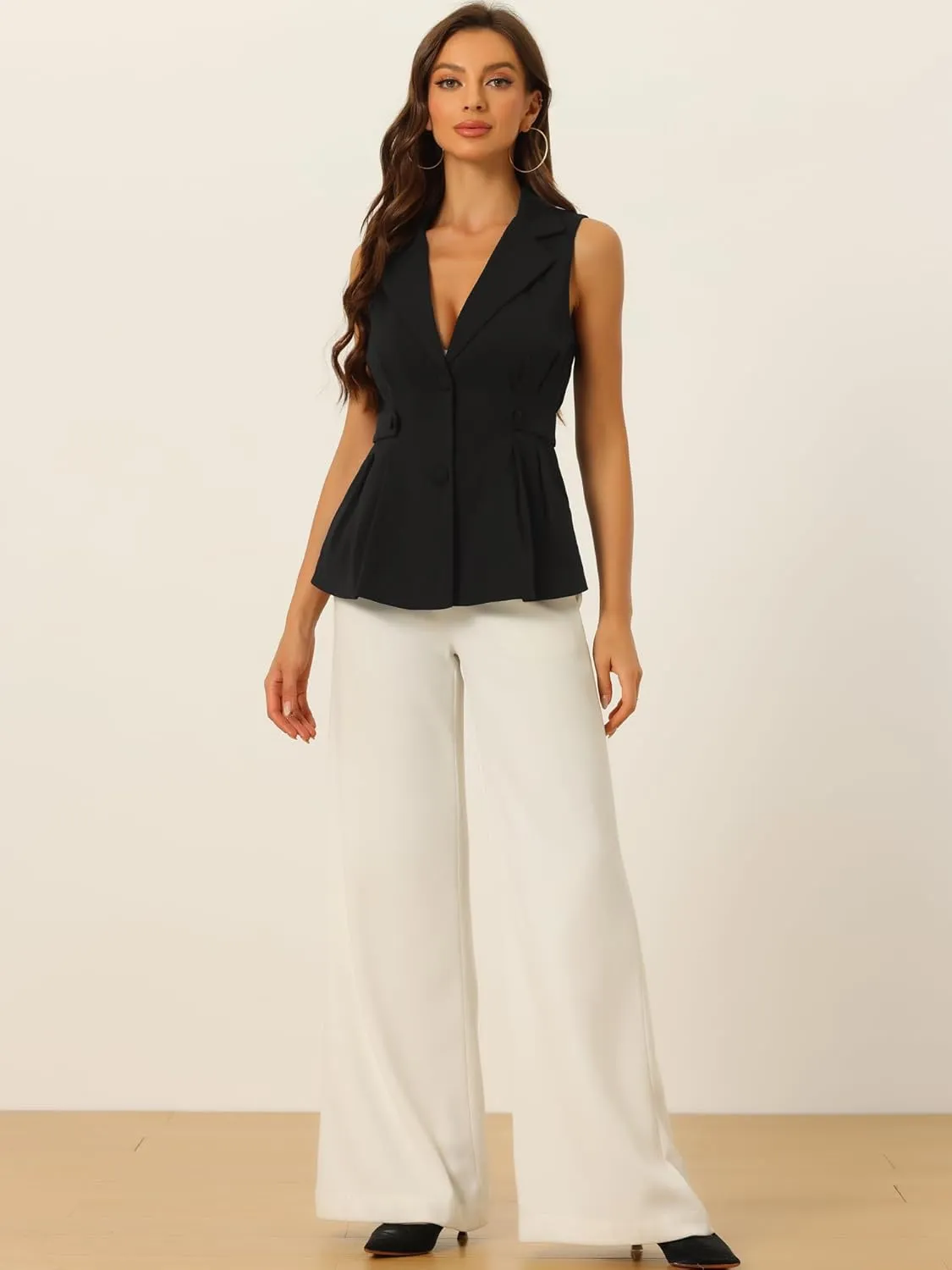 Allegra K Waistcoat Vest for Women's Notched Lapel Collar Office Dressy Blazer Pleated Sleeveless Jacket
