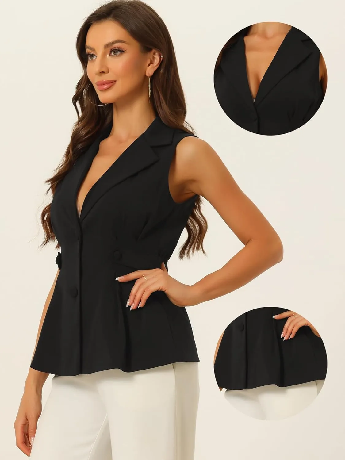 Allegra K Waistcoat Vest for Women's Notched Lapel Collar Office Dressy Blazer Pleated Sleeveless Jacket