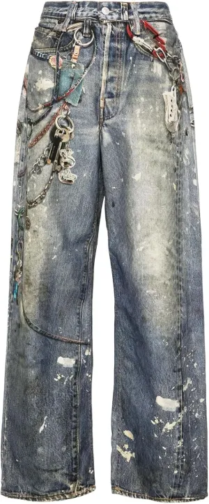 Angsuttc Women Pants 3D Digital Print Faux Denim Pant Wide Leg Pant Baggy Elastic Waisted Faux Jean Pants