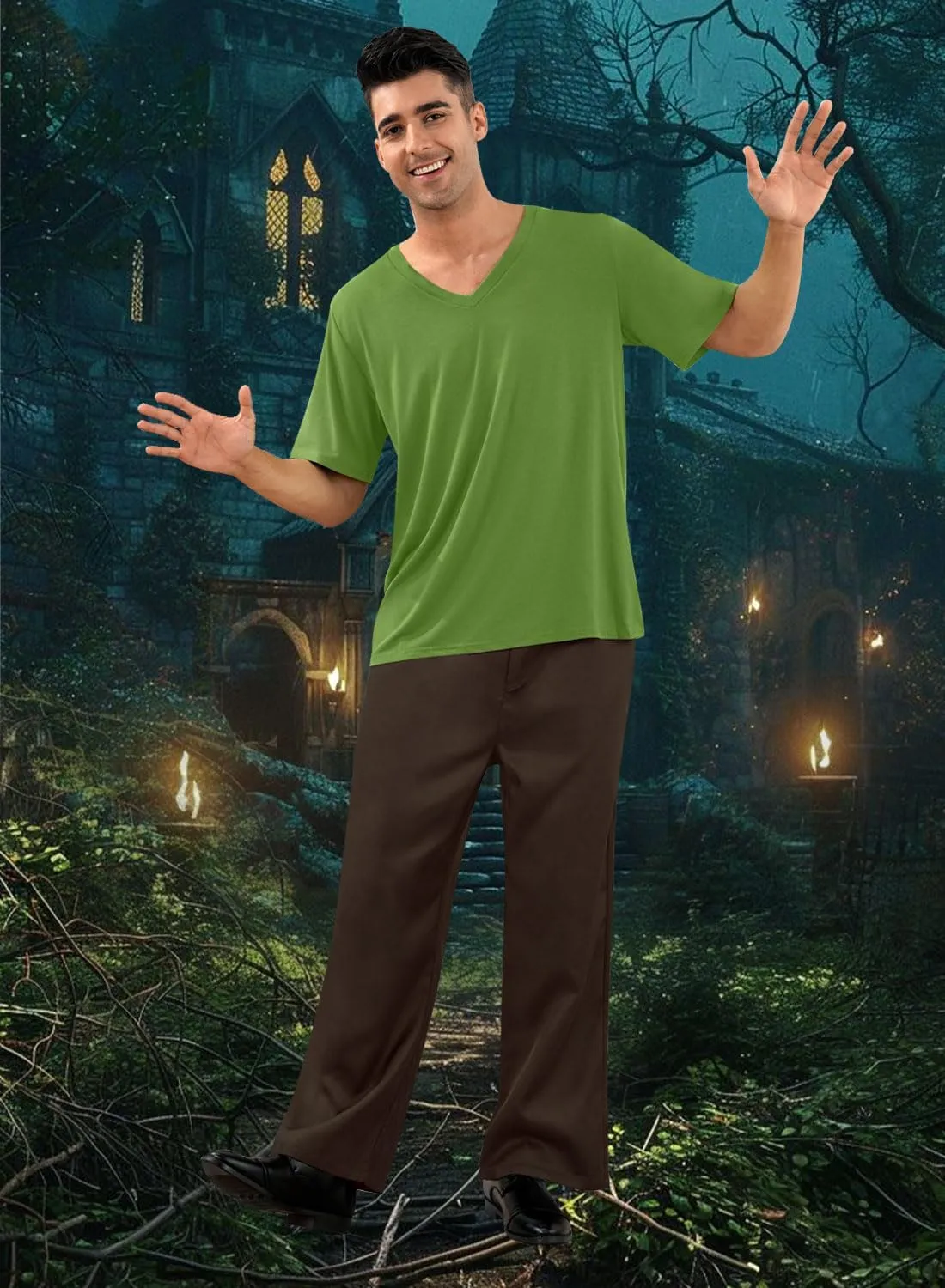 Arvilhill Mens Halloween Shaggy Costumes Cosplay Green Shirt and Brown Pants (S-3XL)