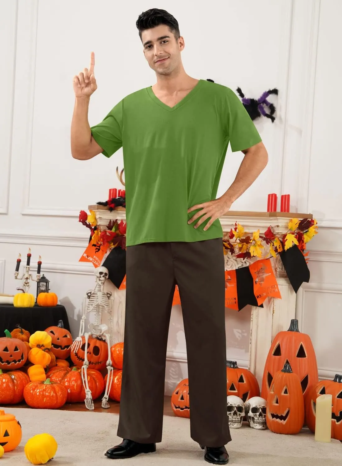 Arvilhill Mens Halloween Shaggy Costumes Cosplay Green Shirt and Brown Pants (S-3XL)