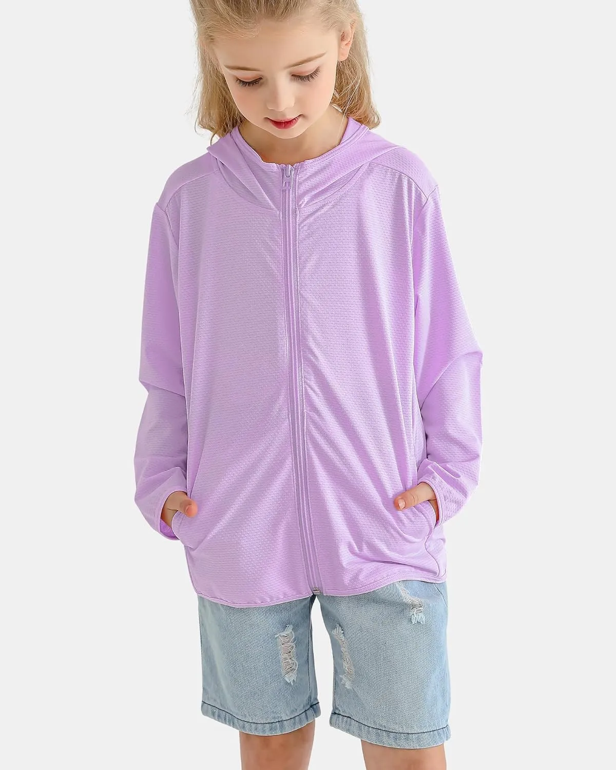 Auranso Kids Zip-Up Hoodie Girls Boys UPF50  Sun Protection Jacket Hooded Cooling Shirt