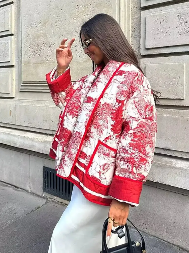 Back To School Joskaa Fashion Without Placket Padded Collar Women Jackets Casual Long Sleeved Printed Cotton Coats Female Autumn Winter Warm Outerwear