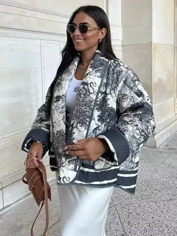 Back To School Joskaa Fashion Without Placket Padded Collar Women Jackets Casual Long Sleeved Printed Cotton Coats Female Autumn Winter Warm Outerwear