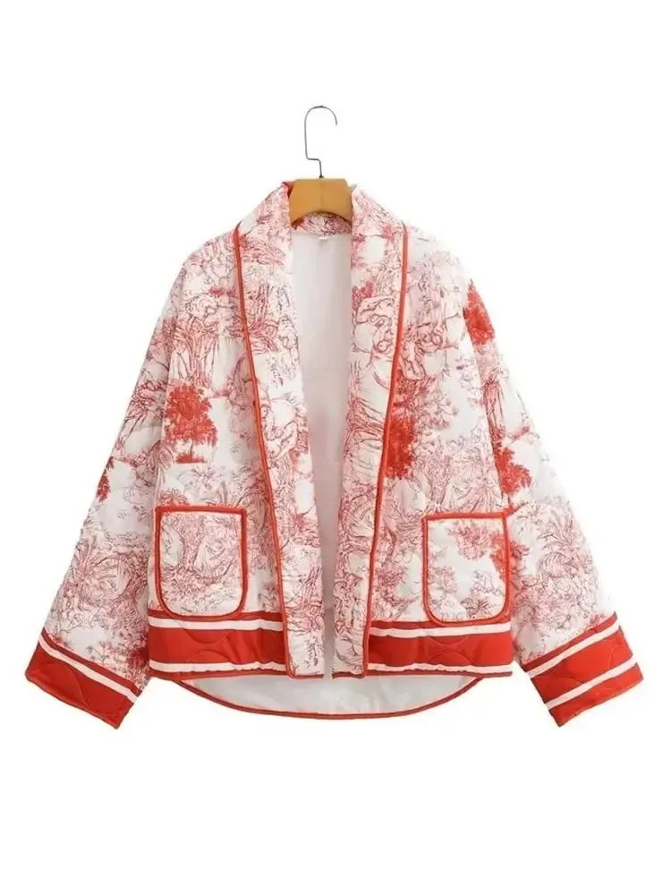 Back To School Joskaa Fashion Without Placket Padded Collar Women Jackets Casual Long Sleeved Printed Cotton Coats Female Autumn Winter Warm Outerwear