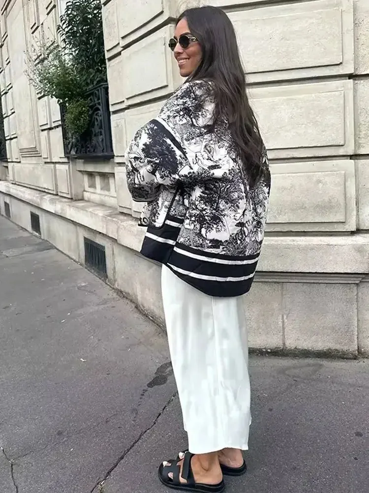 Back To School Joskaa Fashion Without Placket Padded Collar Women Jackets Casual Long Sleeved Printed Cotton Coats Female Autumn Winter Warm Outerwear