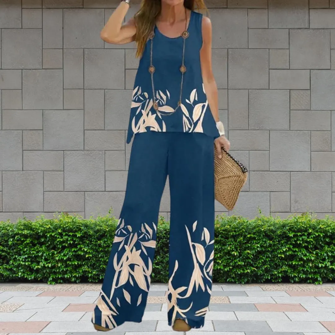Bengbobar Women's 2 Piece Outfits Summer Boho Floral Sleeveless Crewneck Tank Tops and Wide Leg Pants Set Vacation