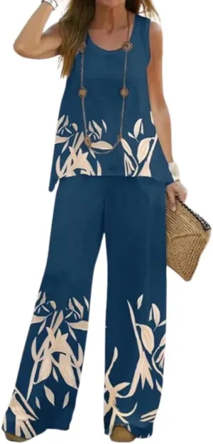 Bengbobar Women's 2 Piece Outfits Summer Boho Floral Sleeveless Crewneck Tank Tops and Wide Leg Pants Set Vacation